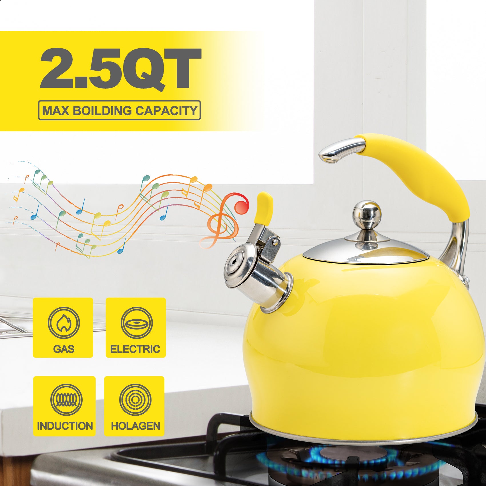 IKASEFU 85 OZ / 2.5 Liter Yellow Teapot Stove Top Whistling Tea