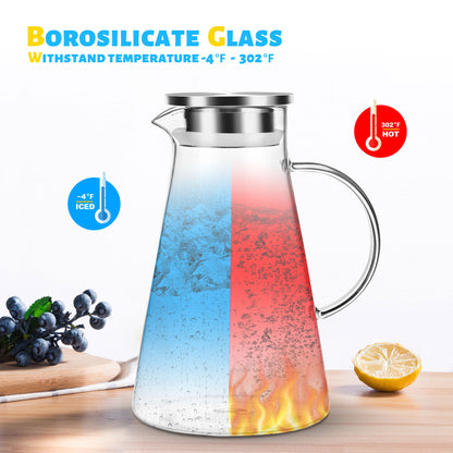 Water Jugs with Lids, 2L Glass Water Jug Glass Jug Water Jugs with Lids  Borosilicate Glass Water Jar Pitcher Water Carafe for Juice, Tea, Cold/Hot