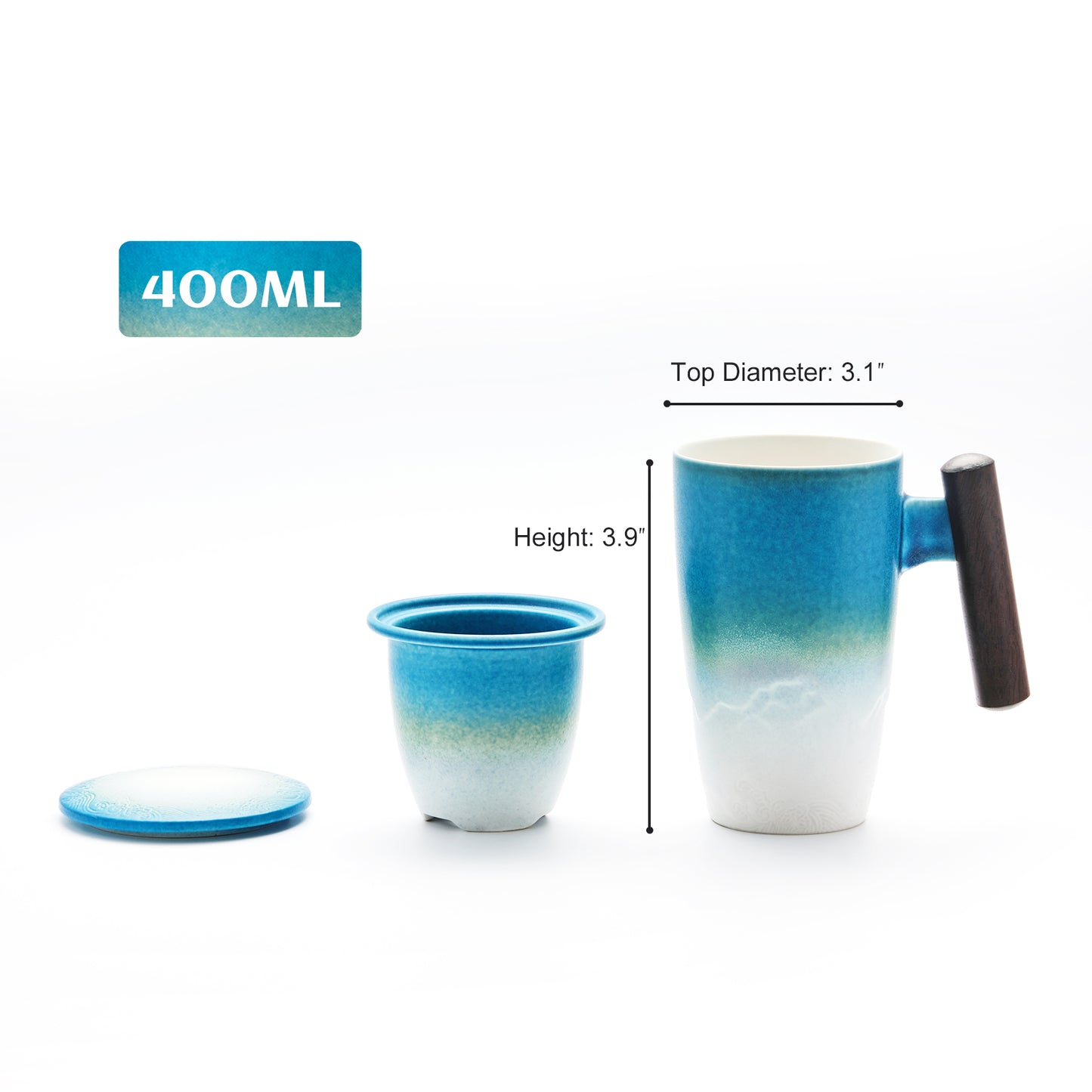Tomotime Ceramic Tea Cup with Infuser and Lid Tea Mugs Wooden Handle 400ml/13.5oz (Cyan Blue)