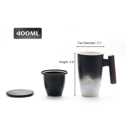Tomotime Ceramic Tea Cup with Infuser and Lid Tea Mugs Wooden Handle 400ml/13.5oz (Black White)
