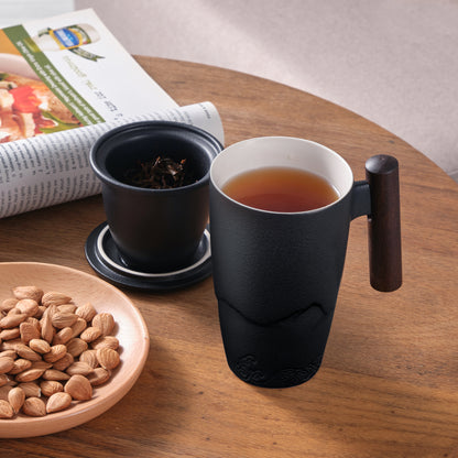 Tomotime Ceramic Tea Cup with Infuser and Lid Tea Mugs Wooden Handle 400ml/13.5oz (Black)