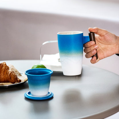 Tomotime Ceramic Tea Cup with Infuser and Lid Tea Mugs Wooden Handle 400ml/13.5oz (Cyan Blue)